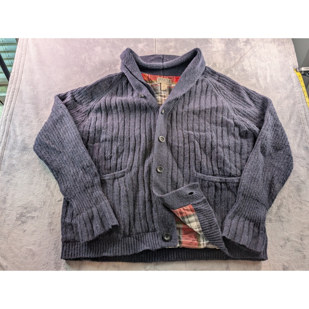 Duluth Trading Co Mens 2XL Wool Alpaca Flannel Lined Shawl Cardigan Sweater Navy